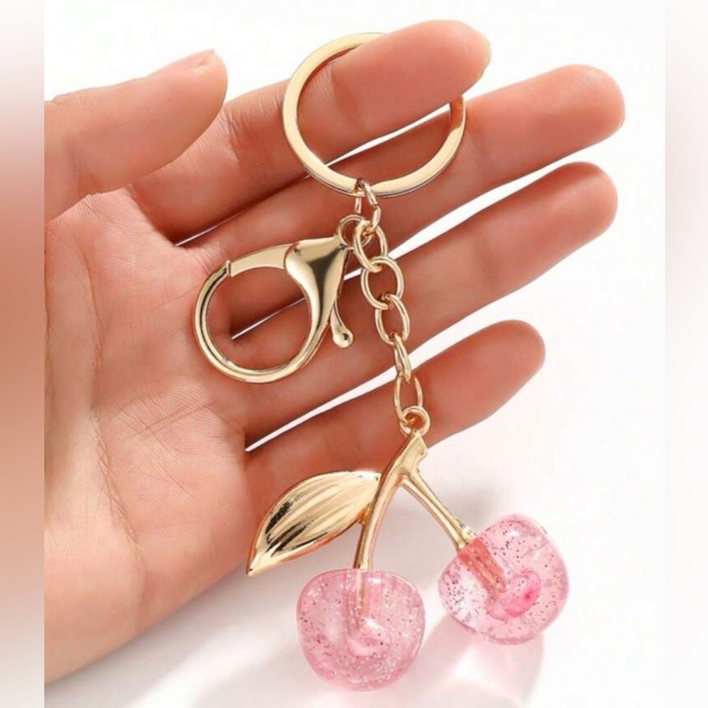 Gold and Baby Pink Cherry Keychain